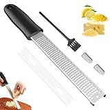 Käsereibe Zitronenreibe Zester Reibe Fein Parmesanreibe Handreibe Rasiermesserscharfe Premium Edelstahl Reibeoberfläche -Spülmaschinengeeignet inkl. Schutzabdeckung &Reinigungsbürste für Hartkäse, Zit