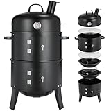 TLGREEN Räucherofen, 3 in 1 Smoker Grill, Räuchern Räucherofen mit Schornstein, Räuchergrill Smoker mit Deckel & Thermometer, 2 Grillrost Edelstahl, 2 Wasserschale Emaille, Räuchertonne Watersmoker