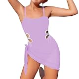 Badehose Jungen Badeanzug für Mädchen mit verstellbaren Trägern, Badeanzug für Mädchen, 1 Stück, runder Ausschnitt, einfarbig, Ausgeschnitten, 1 Stück Seidenschal (Light Purple, 13-14 Years)