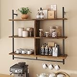 Bestier 105.5 cm 3-stufiges schwebendes Rohrregal, industrielles wandmontiertes Leiterregal mit Rundrohr und Haken, Holzregal für Dekoration und Aufbewahrung, Bücherregal für Wohnzimmer, Küche, Balkon