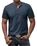 YawYews Herren T Shirt Henley Kurzarm T-Shirts für Herren Baumwolle Slim Fit Sommer V Ausschnitt Vintage Blau XL