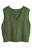 Pullunder Damen Ärmellos V-Ausschnitt Strickweste Pullover Elegant Strickpullover Strickpulli Casual Damen Herbst Winterpullover Sweater Vest Grün S