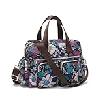 KONO leichte Damen Handtasche mit Blumenmuster, Wasserdichte Henkeltasche, Groß Umhängetasche für Frauen, Multifunktionale Schultertasche für Arbeit, Shopper, Reisen (Marine)