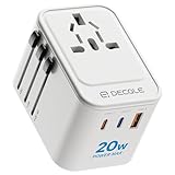 decqle Reiseadapter Weltweit, Universal Reisestecker mit 2 USB-C (PD 20W), 1 USB-A und 1 AC Steckdose, Internationaler Steckdosenadapter, Universaladapter für EU, UK, US, AU (Weiß)