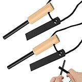 Feuerstein und Stahl, Magnesiumstab-Feuerstarter mit Holzgriff und Kompass, wiederverwendbarer Ferrostab-Feuerstab, wilde Campingausrüstung, Feuerstarter-Set für Reisen, Camping, Wandern, 2 Sets