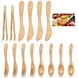 14 Stück Käse-Butterstreuermesser-Set Charcuterie Zubehör beinhaltet 4 Holzstreuermesser, 8 Mini-Servierzange, Löffel und Gabeln, 2 Holzgriffe, Mini-Servierzange für Gebäckherstellung