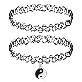 2 Stücke Tattoo Kette 90s Retro Damen Schwarz Choker mit Anhänger Klassisches Gothic Punk Choker für Damen Retro Halloween Karneval Party Kostüm Zubehör
