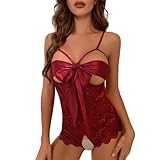 FGUUTYM Frauen Geraffte Rüschenbesatz, durchsichtiges Netzkleid, Slips mit Tanga-Hosen, Casual-Tops, durchsichtiges Kleid Body Mit Halsband (Z1-RD2, XXXL)