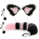 Analplug mit Fuchsschwanz, Halsband und Nippelklemmen, Katzenohren-Buttplug, Edelstahl-Analplug mit Schwanz für Anfänger, Damen, Herren, Paare, Kostüm, Cosplay, Pink und Schwarz, Mix