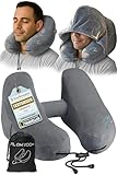 FLOWZOOM Nackenkissen Flugzeug Reisekissen Aufblasbar H-Design 5 Schlafpositionen Kapuze Grau