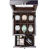 ProCase Holz-Uhrenbox für Herren, 6 Fächer, Herren-Uhren-Organizer mit Glasplatte, 2-stöckiges lackiertes Vitrine für Armbanduhr-Aufbewahrung – Schwarz
