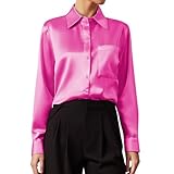 2025 Blusen für Damen, Seidenhemd, ungefärbte Seidenblusen, klassisches Basic-Langarmshirt, lässig, hot pink, M
