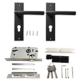 MoSundi Zimmertürgriff-Set aus schwarzem Aluminium, mit Schlüsseln und Einsteckschlosskörper für Holzschlafzimmer, Badezimmertüren, passend für 3,5–4,5 cm Rahmen