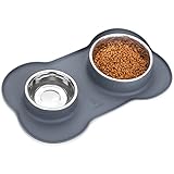 Pecute Hundenapf Mittelgroße Hunde, Futternapf Hund mit Doppel 1500ml+750ml Näpfe aus Edelstahl, Fressnapf Hund Napf mit Rutschfesten Silikon Tablett, Fressnapf Katze Napfset Wassernapf XL Grau