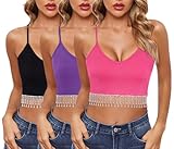 TYNORA Damen Glitzer Strass Quaste Crop Top Glänzend Ärmellos Tank Cami Top Weste Clubwear, Schwarz, Rosa, Violett, Mittel