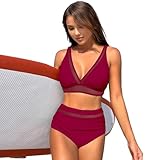 Cenei Damen Mesh High Waist Bikini Set V-Ausschnitt Bauchweg Badeanzug Badeanzug Weinrot XL