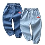 AOOPOO 2er Pack Baby Kleinkind Jungen Jeans Elastische Taille Denim Lang Hose Kinder Sommer Weich Leicht 100% Baumwolle Jeanshose Dünn Haremshose Jogginghose Lässige Hose für Jungen 12 Monate-5 Jahre