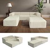 Ecksofa Eckcouch Wohnlandschaft l-form mit Schlaffunktion，5-Sitzer Cord Big Schlafsofa Couch für Wohnzimmer und Schlafzimmer，Gepolstert Chaiselongue mit Armlehnen und Fußhocker Modulares Sofa Beige