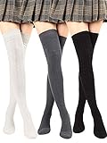 SATINIOR Über Knie Lange Socken Baumwolle Oberschenkel Hohe Socken Stricken Stiefel Strumpf Beinwärmer (Schwarz, Dunkelgrau und Weiß, 3 Paare)