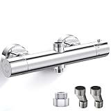 AIMOYO Duscharmatur mit Thermostat, Runden Mischbatterie Dusche mit 2 Auslässen, Verchromt Duschthermostat Ersatzteile, Oben 3/4' BSP + Unten 1/2' BSP, Armatur Dusche mit 38 °C Sicherheitstaste