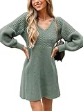 CUPSHE Damen Strickkleid Pulloverkleid V Ausschnitt Langarm Wabenmuster Feinstrick Pullikleid Knit Sweater Mini Dress Dusty Green M