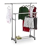 Relaxdays Kleiderständer mit 2 Kleiderstangen, Garderobe auf Rollen, verstellbar: Höhe 95-165cm, Breite 94-160cm, silber
