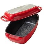 STONELINE Aluguss Bräter mit Deckel 40x22 cm, 5,8 L Bräter Induktion Backofengeeignet Für alle Herdarten, Deckel als Auflaufform verwendbar, Topf Antihaft Beschichtet mit echten Steinpartikeln, Rot