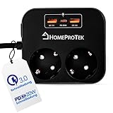 HOMEPROTEK 2m Steckdosenleiste mit USB - 5 in 1 Mehrfachsteckdose mit USB C Quick Charge, 2 x USB A und 2 Steckdosen, Verteilersteckdose mit Überspannungsschutz und Schalter für Zuhause, Büro Schwarz