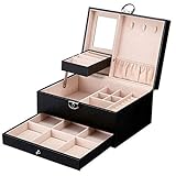 RONTENO Schmuckkästchen aus Leder, mehrschichtig, für Make-up, Ohrringe, Ringe, Ohrstecker, Schmuckaufbewahrung, Vitrine für Schmuck, Geschenkbox, 1 Stück (nur schwarze Farbe, Schmuck nicht im