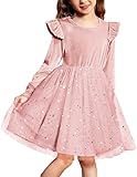 Arshiner Mädchen Kleider Kleinkind Samtkleid Rundhals Tüllkleid Rüschen Langarmkleid Einschulungskleid Kinder Abendkleid Blau Partykleid mit Pailletten 4-5 Jahre