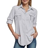 Hemdbluse Damen UV Shirt Elegant Bluse Baumwolle Langarmshirt Atmungsaktiv Quick Dry Hemd Safari Kleidung Herbst Winter Casual Tops Outdoor Oberteile (Light Gray, L)