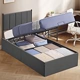 VASAGLE Bettgestell, Bettrahmen, Bett, 90 x 200 cm, klappbar Lattenrost, Unterbettaufbewahrung, Kopfteil, Hydrauliksystem, modern, einfache Montage, dunkelgrau RMB612G02