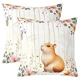 Homewish Karikatur Capybara Kissenbezug 50x50cm Botanische Blumen Kissenhüllen Set Von 2 für Kinder Jungen Mädchen Teenager,Holzmaserungs Linien Kissenbezüge Pflanze Blätter Couch Dekokissenbezüge