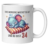 Lustige 34. Geburtstag Elefant Tasse – Geschenkidee für Männer & Frauen – „Eines Morgens wachst du auf und bist 34“ – 34 Jahre Geburtstag