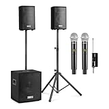 Vonyx VX0812BT - PA Anlage Komplettset + 2 Mikrofonen, Aktiv Subwoofer, 2X Passiv Hochtöner - 800 Watt, Ständer, Bluetooth, MP3, USB, SD, Mikrofonanschluss, mobiles PA System, DJ Boxen Set