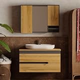 Badmöbel Set Eiche & Anthrazit Marmara | Waschtisch mit Unterschrank und Spiegelschrank in 60/80/100 cm | Badezimmerschrank-Set | Keramikwaschbecken | Handtuchstange | Softclose (100 mit Konsole)