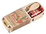 Delikatessen-Geschenkset 'Rührendes Körbchen Arrabiata' | 1 Packung Penne, 1 Glas Tomatensauce, 1 Gewürzmischung und 1 Kochlöffel aus Holz