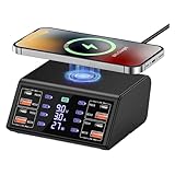 USB Ladestation 100W - 9 Ports USB Ladegerät mit kabellosem Laden, Digitalanzeige, QC3.0 & PD3.0 Schnellladung