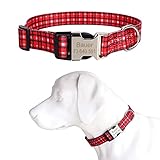 TONYFY Individuelle Hundehalsband Metallschnalle Hunde Namensschild Halsband Kostenlose Gravur Personalisierte Haustierhalsbänder Einstellbar für Kleine Mittlere Große Hund (Rot-Schwarz-Gitter, L)