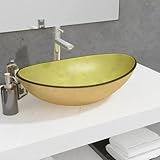 Homvdxl Ovales Glaswaschbecken, Aufsatzwaschbecken, Glasgefäß-Waschschüssel, Aufsatzwaschbecken mit Ablaufloch für Waschtischunterschrank, Garderobe, Gold, 54,5 x 35 x 15,5 cm