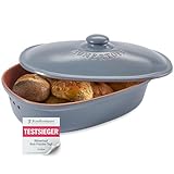 Römertopf Brottopf MAXI aus Naturton – Ovaler Brotbehälter zur Aufbewahrung von Brot & Brötchen – mit Belüftung für lange Frische – spülmaschinengeeignet – 40 x 28 x 20 cm – blau-grau