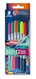 Staedtler 3280 Doppelfasermaler zweifarbig, zwei Spitzen, zwei unterschiedliche Farben, Linienbreiten 3 mm und 1 mm, Kartonetui mit 6 Fasermalern in sortierten Farben, 3280C6E2-1