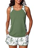 Summer Mae Bescheidener Tankini-Badeanzug für Damen, strukturiert, gerippt, Bauchkontrolle, Badeshorts mit Taschen, Sandy Shore Palms, 16