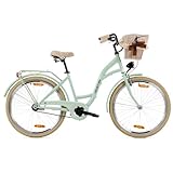 Goetze Style 26 Zoll Damen Citybike, 17 Zoll Tiefeinsteiger Rahmen, 1-Gang Rücktrittbremse, V-Bremse vorne, LED-Beleuchtung, Gepäckträger, Rattankorb, Komfortsattel, mit Ständer & Klingel
