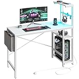 Bestier 113CM Eck-Computertisch mit Steckdosen Computertisch mit LED-Leuchten Umkehrbarer Schreibtisch mit Seitentasche Aufbewahrungstasche & Zubehöraufhänger für Home Office Small Space Weiß