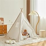 Herfair Tipi Zelt für Kinder Spielzelt mit Filzkugel Indoor Spielhaus Mehrere Farben Segeltuch Tipizelt Lesezelt&Spielzimmer Babyzimmer Deko für Kleinkinder 3-6 Jahre (Weiß,1.35 m)