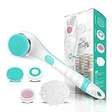 VOYOR rückenbürste duschbürste körperbürste Elektrisch rückenbürste mit langem stiel IPX7 Wasserdichte Wiederaufladbare mit 4 Reinigungsköpfen für Spa Shower Exfoliating massagebürste BC100(Blau)