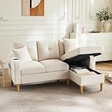 L-förmiges modernes Sofa, 3-Sitzer-Sofa mit Chaiselongue, Stauraum, integriertem Getränkehalter, Wird mit 2 Kissen geliefert, geeignet für Wohnzimmer, Büro, Wohnung usw(Beige)