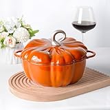 Schmortopf aus Gusseisen, 4 qt Kürbis-Kocotte, Kürbis-Form, Kochtopf, Emaille-Topf, Kürbis-Topf mit Deckel, Eintopftopf Suppentopf, für 3–5 Personen, Halloween, Erntedankfest, Dekor-Topf, Geschenk