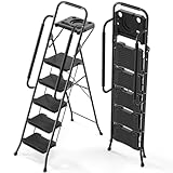 KINGRACK Leiter 5 stufen klappbar, trittleiter mit Ablagefläche, Sicherheitshandlauf, breite Pedal Antirutsch Stahl Haushaltsleiter, geeignet für Wohnküche, Speisekammer, Büroschrank, schwarz